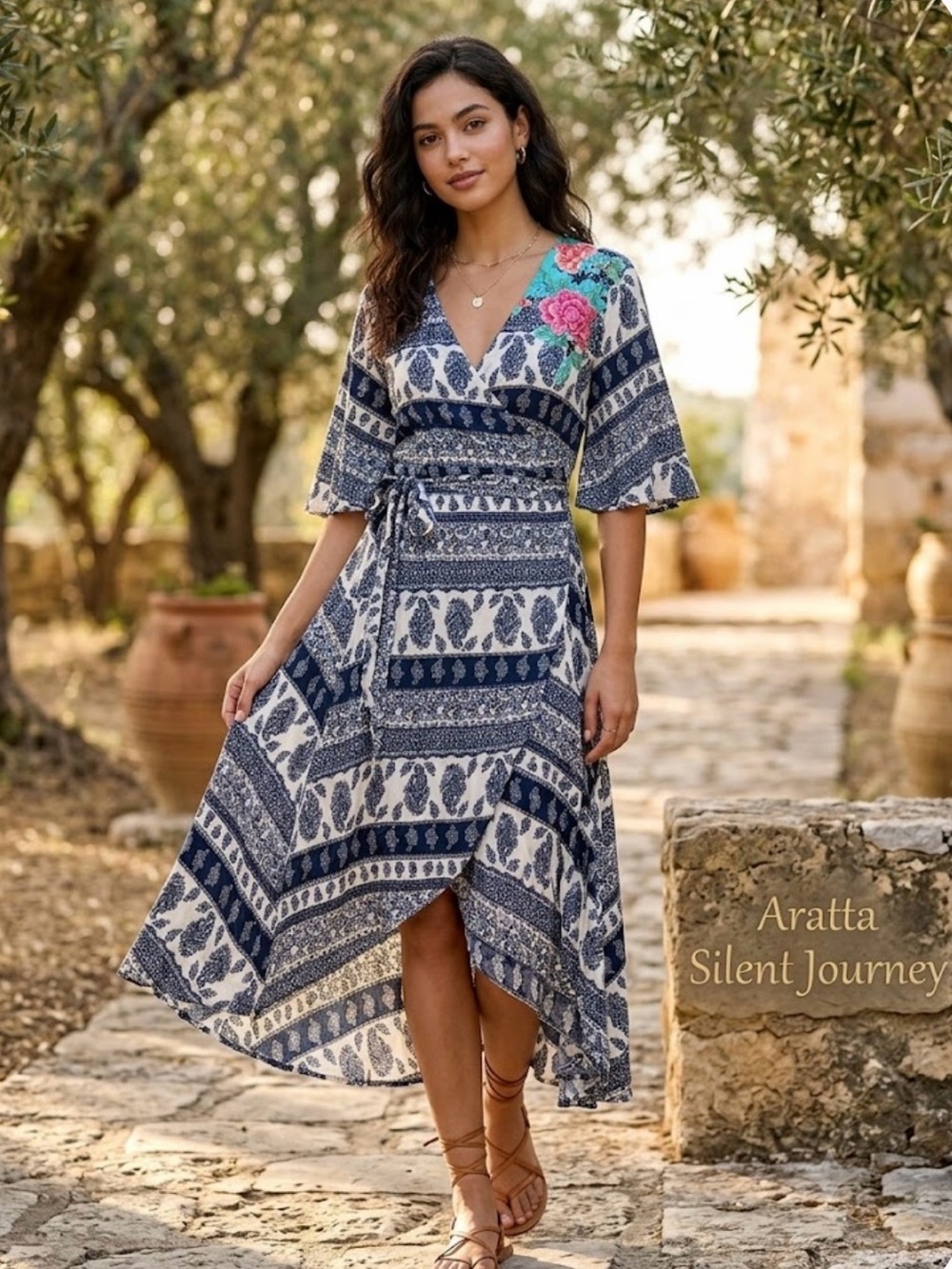 Aratta Navy & White Wrap High-Low Dress with Pink Floral Detail